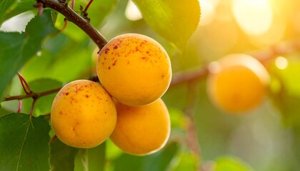 Three ripe apricots on a branch, bathed in sunlight