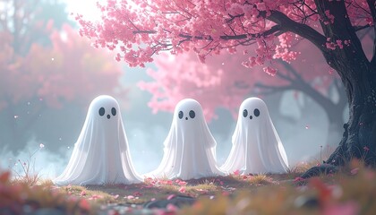 Three small ghosts under a pink cherry blossom tree