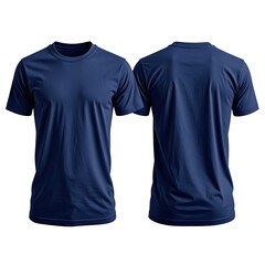A navy blue crew neck t-shirt is displayed showing both the front and back views