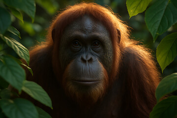 Fototapeta premium Intimate Portrait of an Orangutan Surrounded by Lush Green Foliage