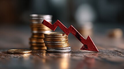 Inflation and global economy crisis concept with red arrow going down on golden coin stacks. 3D rendering
