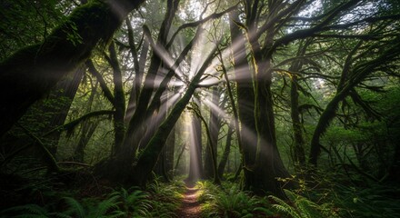 Sunbeams streaming through the dense canopy of an ancient, mosscovered forest, illuminating a winding path covered in ferns and fallen leaves, creating a mystical and enchanting atmosphere
