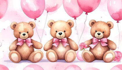 Three teddy bears with pink bows and balloons