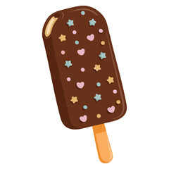 Cartoon flat vector illustration chocolate ice cream on stick with colorful icing symbol of summer holidays perfect for logotype company organization tropical design