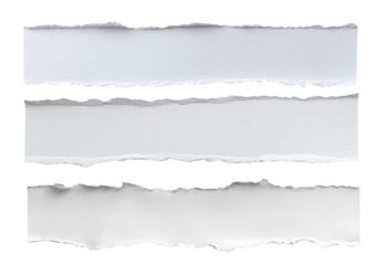 Three torn strips of white paper on transparent background