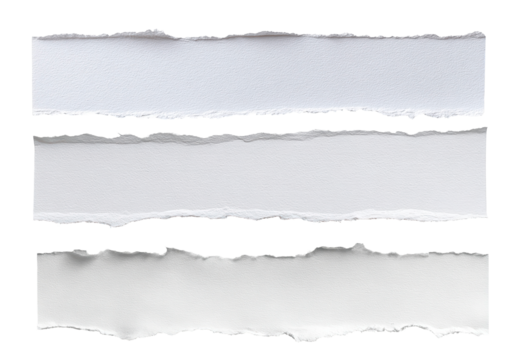 Three torn strips of white paper on transparent background