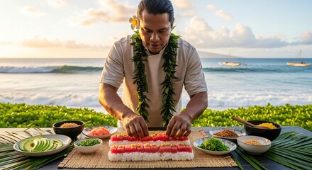 A skilled sushi chef meticulously prepares a colorful, layered sushi cake on a table set against a breathtaking sunset beach backdrop with gentle ocean waves