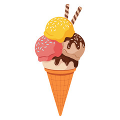 Cartoon style ice cream cone vector illustration representing sweet summer dessert and frozen treat ideal for food designs, illustration projects, and creative artwork