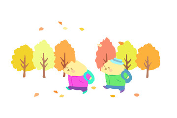 秋のハイキングを楽しむ可愛い猫のベクターイラスト素材