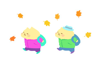 秋のハイキングを楽しむ可愛い猫のベクターイラスト素材