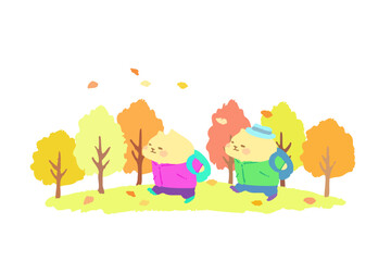 秋のハイキングを楽しむ可愛い猫のベクターイラスト素材