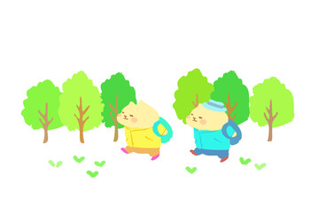 新緑のハイキングを楽しむ可愛い猫のベクターイラスト素材