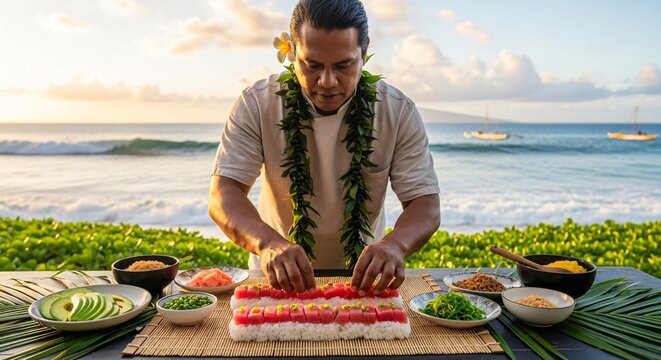 A skilled sushi chef meticulously prepares a colorful, layered sushi cake on a table set against a breathtaking sunset beach backdrop with gentle ocean waves - Powered by Adobe