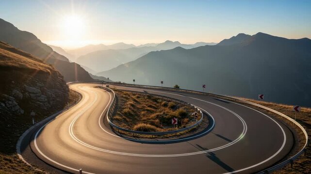 winding mountain road with multiple switchbacks glows golden in the sunset/sunrise Majestic layered mountains recede under clear sky showcasing challenging scenic route with guardrails and road markin