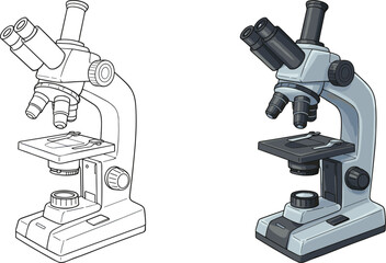 Scientific microscope illustration, laboratory equipment drawing, dual eyepiece optics, educational biology tool, medical research instrument, realistic and schematic comparison design