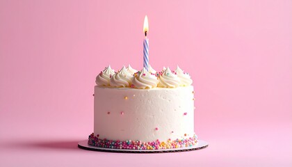 Single birthday cake with white frosting and pastel sprinkles, one lit candle top, isolated on soft pink background, perfect for birthday banner or mockup