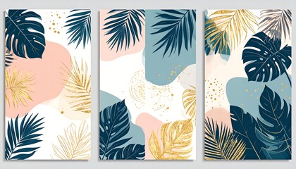 Three tropical-themed posters with gold leaf and abstract shapes