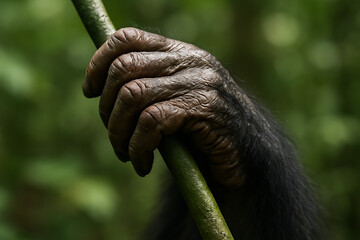 Close-up of a chimpanzee's hand gripping a branch, showcasing primate anatomy and jungle habitat