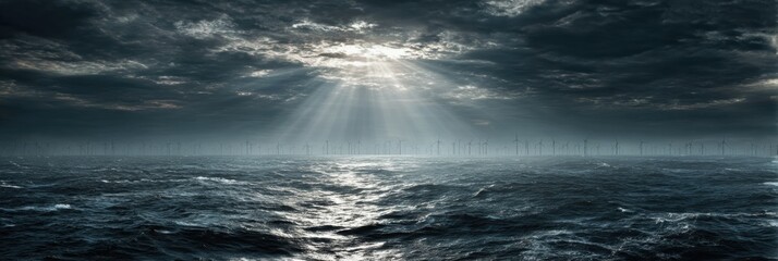 Dramatic Seascape With Sun Rays Breaking Through Storm Clouds Over Turbulent Waters at Dusk