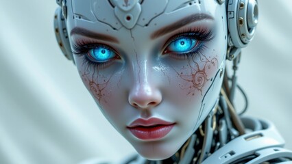Futuristic female android with glowing blue eyes, intricate facial patterns, and metallic features, expressing calm intensity