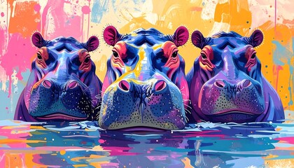 Three vibrant hippos in a colorful abstract background