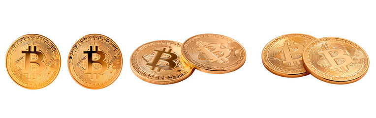 Golden bitcoin cryptocurrency coins in various arrangements on transparent background