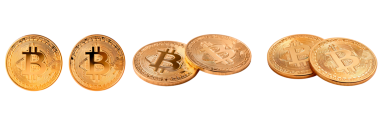 Golden bitcoin cryptocurrency coins in various arrangements on transparent background