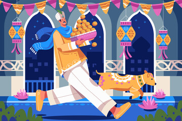 Vector illustration of an Indian man celebrating Diwali festival, holding a tray of traditional sweets while standing beside a decorated cow. Perfect for themes related to Diwali, Hindu festivals