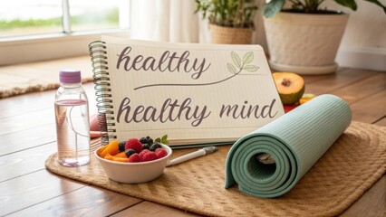 Healthy Lifestyle Concept with Notebook, Water Bottle, Yoga Mat, Fruit Bowl, and Indoor Plants for Mindfulness and Wellness