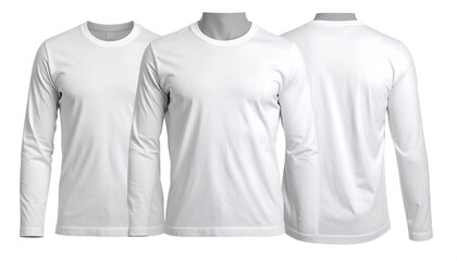 Three white long-sleeve shirts, front, side, and back views
