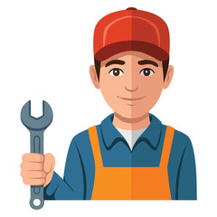 Vector illustration of car mechanic with wrench icon perfect for auto repair shop employee worker troubleshooting tool interface program or application flat design