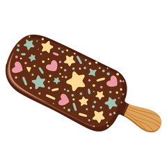 Vector illustration of chocolate ice cream cold sweet on stick with colorful icing ideal for summer holidays logotype company or exotic tropical themed design
