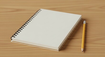 A blank notebook accompanied by a pencil rests on wooden desktop
