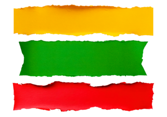 Vibrant torn paper layers in yellow, green, and red on transparent background