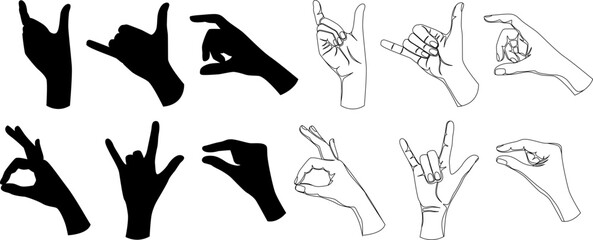 Various hand signs and gestures depicted as black silhouettes and detailed line art drawings on a white background, showcasing different forms of nonverbal communication.