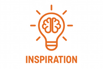 Light bulb icon with brain inside and inspiration text, representing idea, innovation, and creativity, transparent background