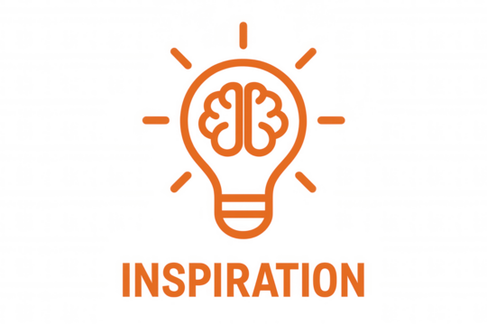 Light bulb icon with brain inside and inspiration text, representing idea, innovation, and creativity, transparent background