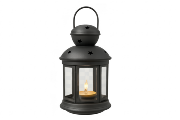 Black ramadan lantern with burning candle flame
