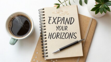 Inspirational Coffee Break with Notebook and Pen for Personal Growth and Creativity on a Bright Workspace