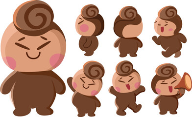 A cute brown mascot with joyful expressions in multiple poses — walking, cheering, and speaking through a megaphone. Soft cartoon style with warm colors and playful energy.