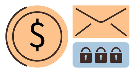 Dollar sign coin, envelope, and three locks symbolize payment security, private messaging, and data encryption. Ideal for finance, privacy, cybersecurity, fintech confidential data email security