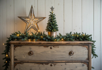 Vintage wooden chest of drawers decorated for Christmas. A decorative star and a small green Christmas tree with garland lights on a chest of drawers with a Christmas tree garland. 3d rendering.