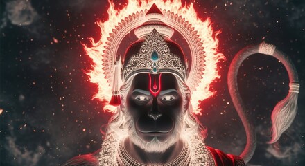 Lord hanuman, a hindu deity, depicted with a fiery halo and intense gaze, symbolizing power and devotion