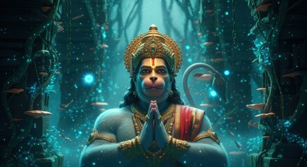 Lord hanuman, the hindu deity, depicted with folded hands in a divine, mystical forest setting