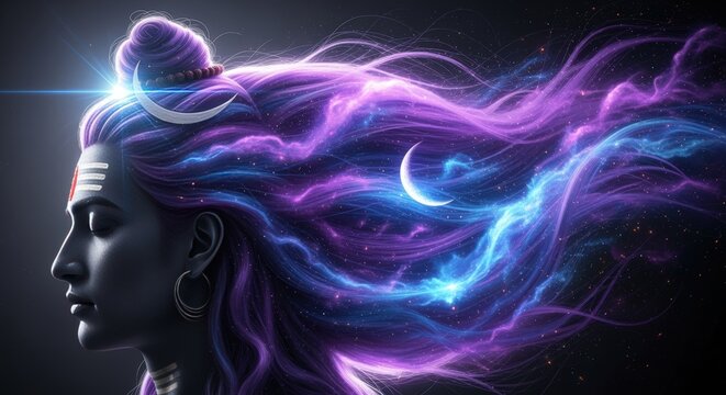 Lord shivas cosmic hair flows with nebulae and crescent moons, representing divine power and spirituality
