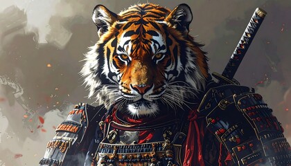 Tiger samurai, fierce gaze, katana