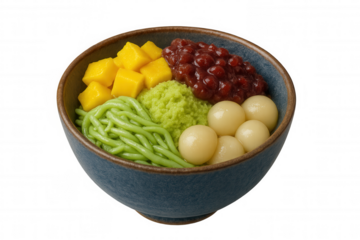 Vibrant asian dessert bowl featuring mango, red bean, green cendol, and dango mochi, sweet refreshing treat