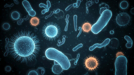 미시적인 세계에서 은은하게 빛나는 박테리아와 바이러스를 보여주는 일러스트-An illustration showing bacteria and viruses glowing softly in a microscopic world