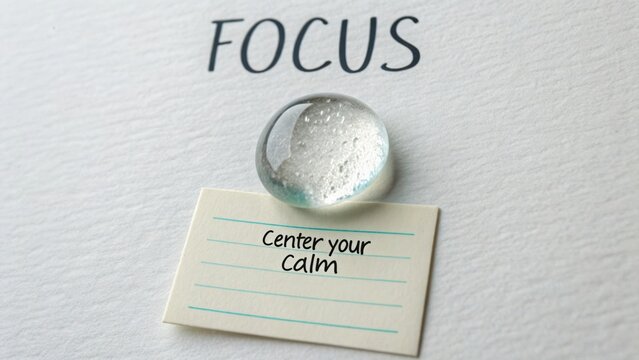 Inspirational concept of focus with a glass orb on a note emphasizing calmness and mindfulness in daily life