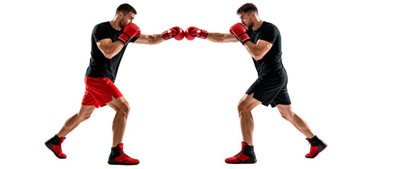 Two boxers engaged in a sparring session wearing red gloves and black athletic attire.